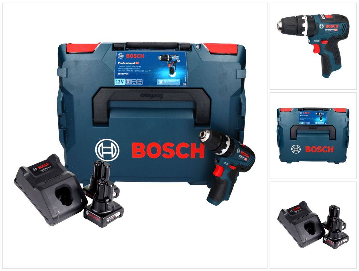 Bosch GSB 12V-35 Professional Akku Schlagbohrschrauber 12 V 35 Nm Brushless + 2x Akku 6,0 Ah + Ladegerät + L-Boxx