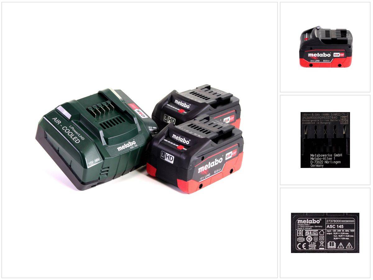Metabo Akku Basis Set 18V mit 2x Akku LiHD 8,0Ah ( 625369000 ) + Ladegerät ASC 145 ( 627378000 )
