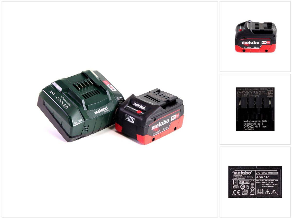 Metabo Akku Basis Set 18V mit 1x Akku LiHD 8,0Ah ( 625369000 ) + Ladegerät ASC 145 ( 627378000 )