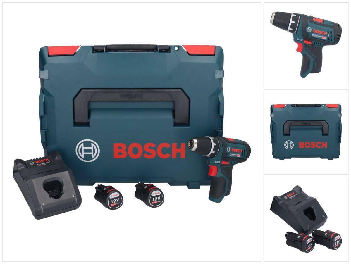 Bosch GSR 12V-15 Professional Akku Bohrschrauber 12 V 30 Nm ( 0601868109 ) + 2x Akku 2,0 Ah + Ladegerät + L-Boxx