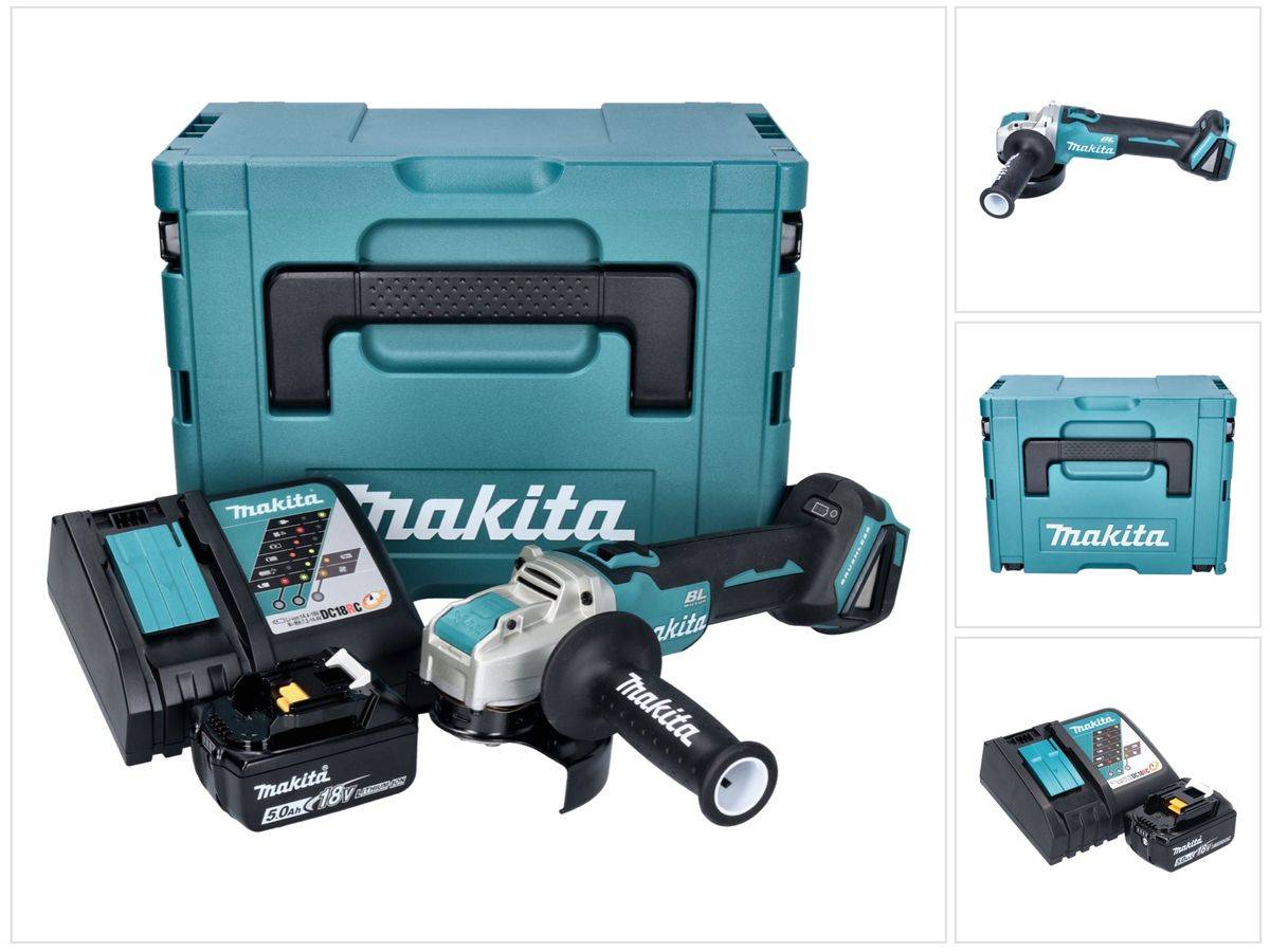 Makita DGA 521 RT1X1J Akku Winkelschleifer 18 V 125 mm X-LOCK Brushless + 1x Akku 5,0 Ah + Ladegerät + Makpac