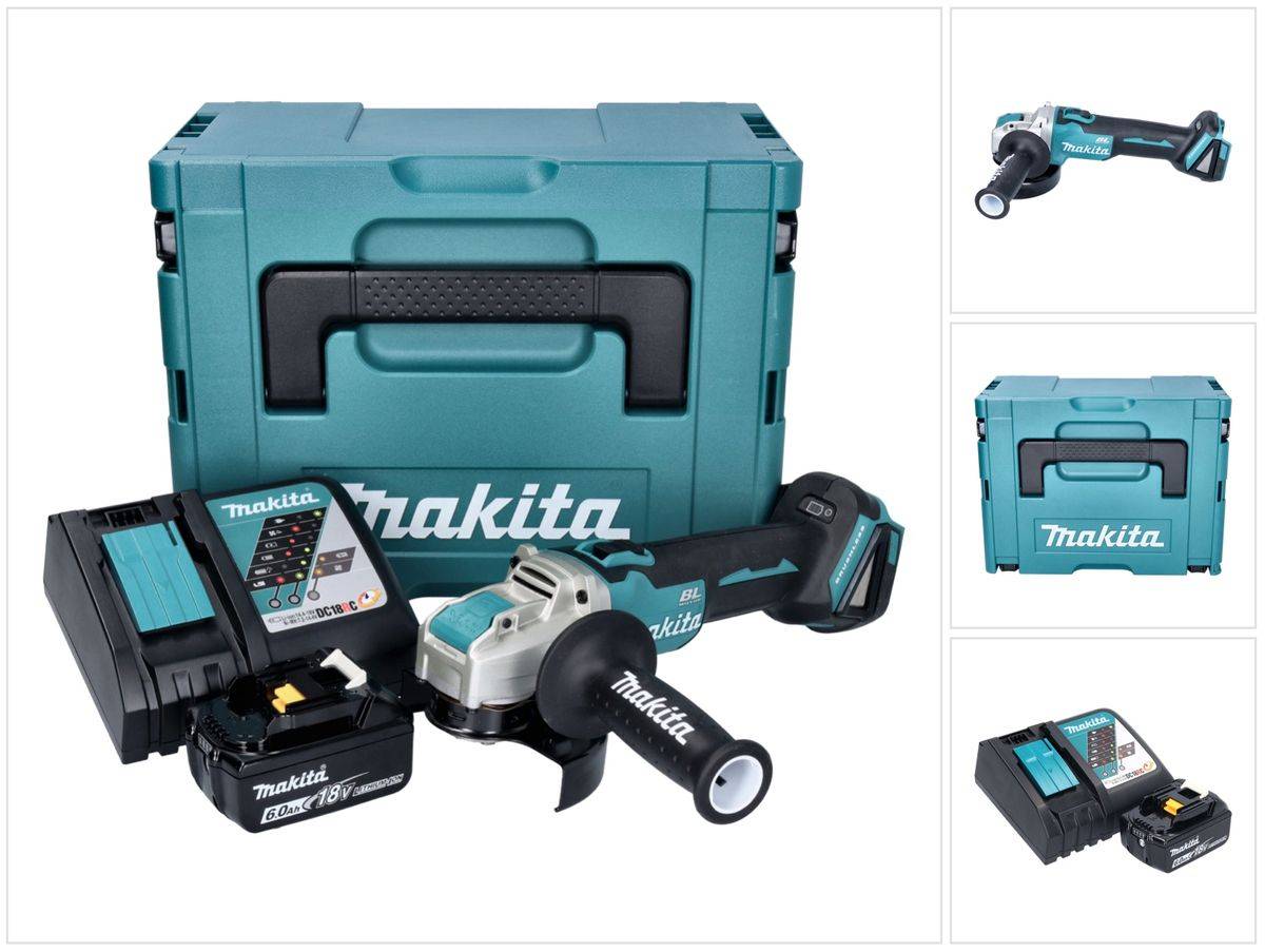 Makita DGA 521 RG1X1J Akku Winkelschleifer 18 V 125 mm X-LOCK Brushless + 1x Akku 6,0 Ah + Ladegerät + Makpac
