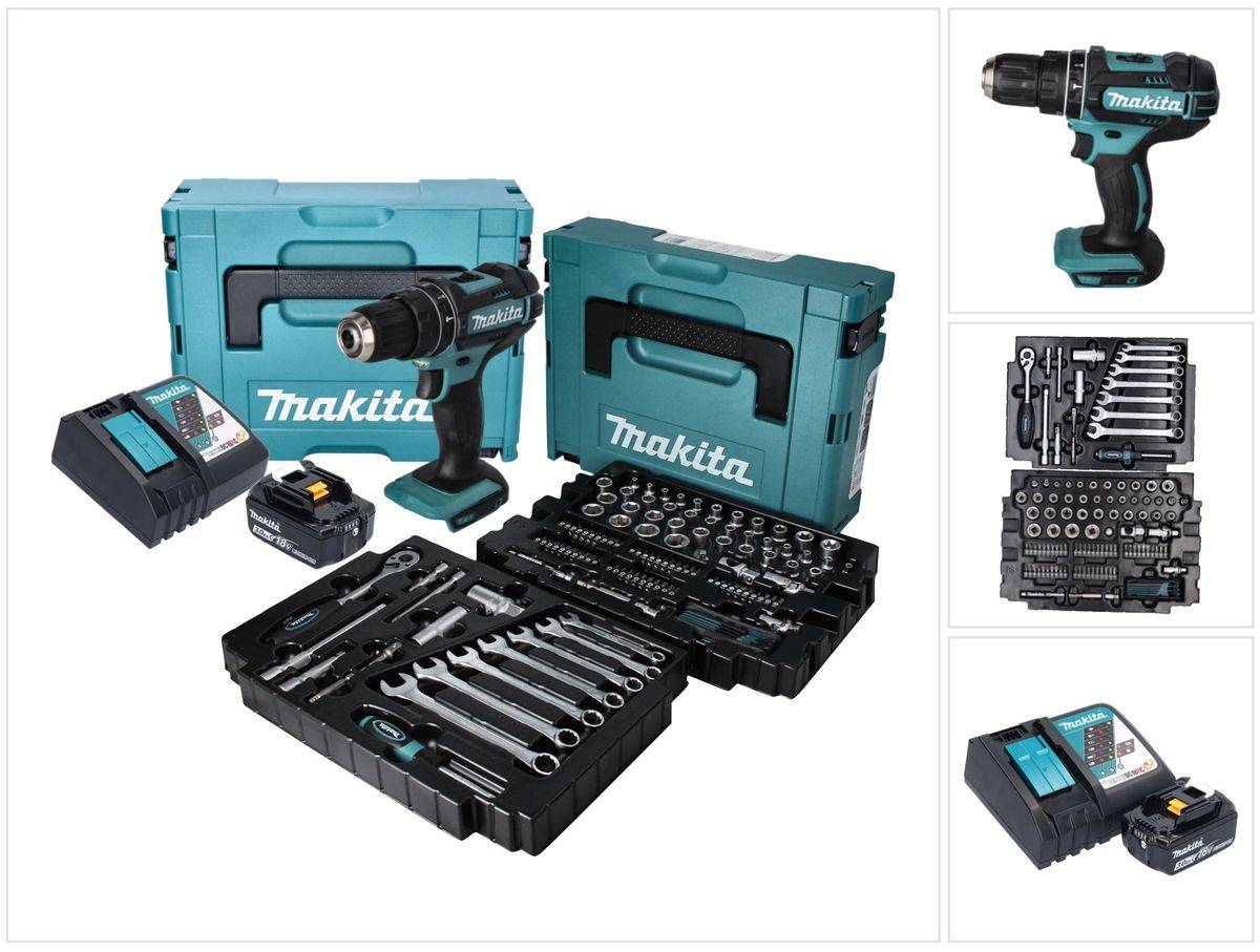 Makita DHP 482 RF1J Akku Schlagbohrschrauber 18 V + 120 tlg. Zubehörset + 1x Akku 3,0 Ah + Ladegerät + Makpac