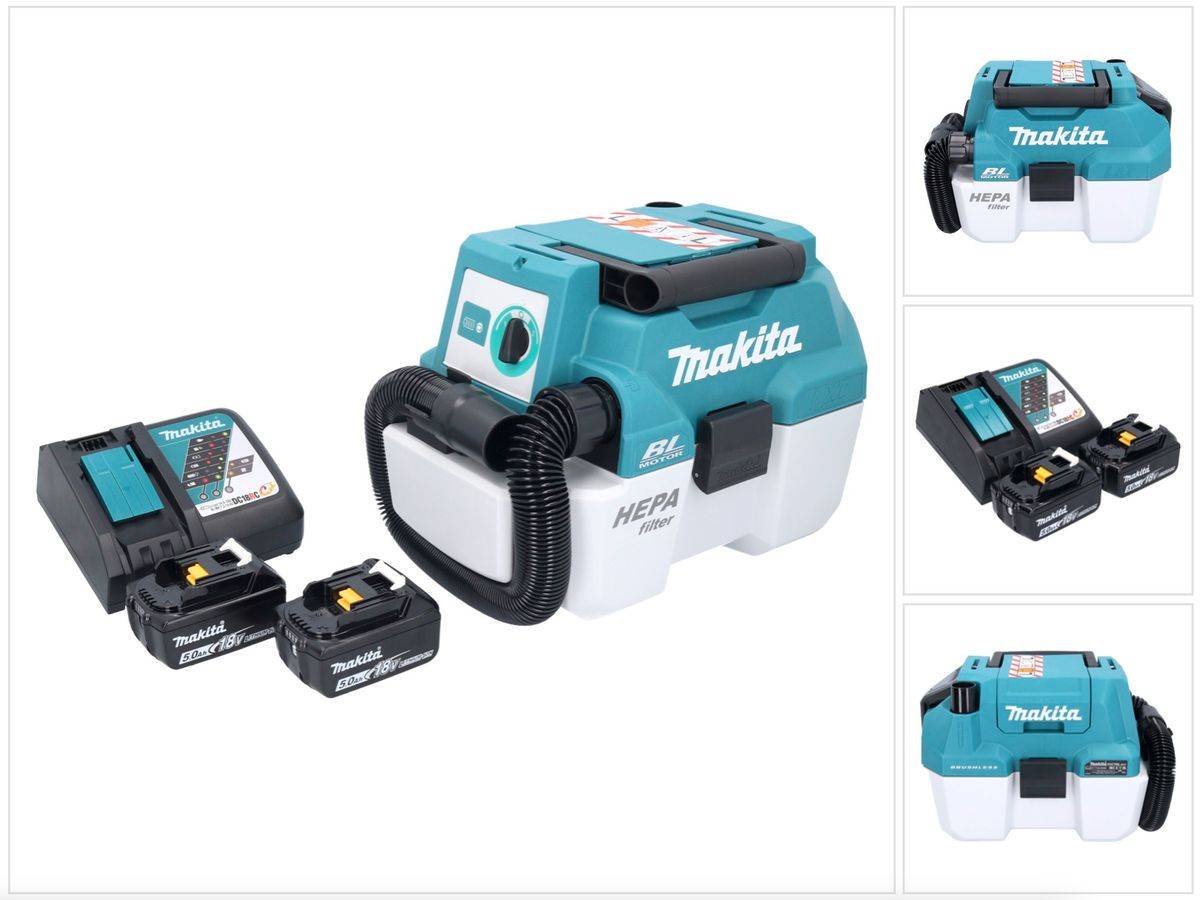Makita DVC 750 LRT Akku Staubsauger LXT 18 V 67 mbar 7,5 l Brushless + 2x Akku 5,0 Ah + Ladegerät