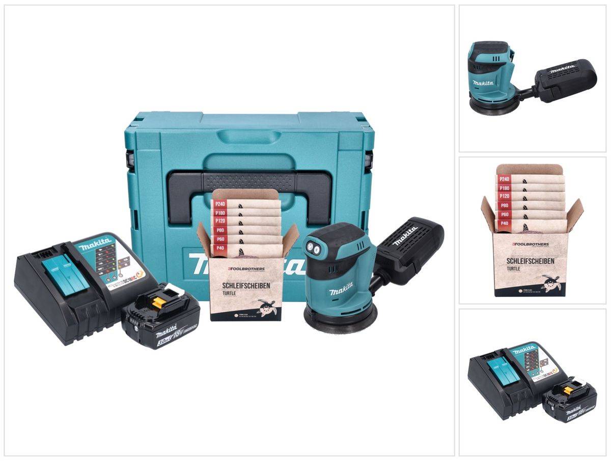 Makita DBO 180 RF1J Akku Exzenterschleifer 18 V 125 mm + 1x Akku 3,0 Ah + Ladegerät + Toolbrothers TURTLE Schleifset + Makpac