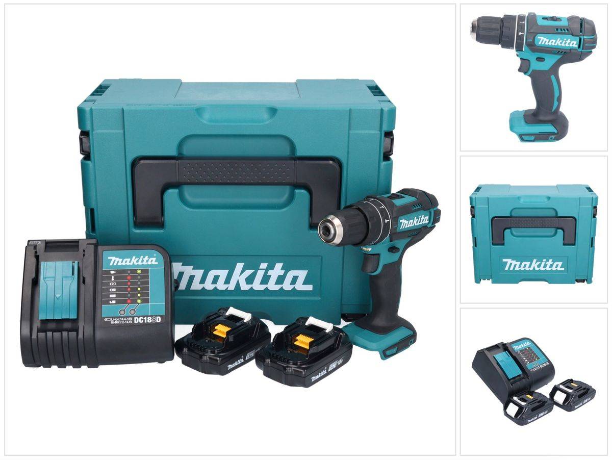 Makita DHP 482 SYJ Akku Schlagbohrschrauber 18 V 62 Nm + 2x Akku 1,5 Ah + Ladegerät + Makpac