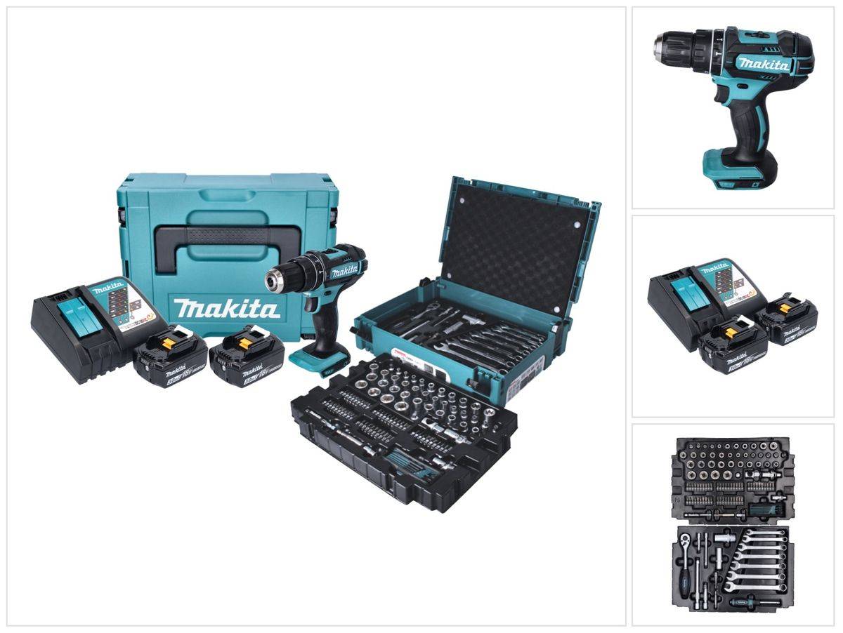 Makita DHP 482 JX13 Akku Schlagbohrschrauber 18 V 62 Nm + 2x Akku 3,0 Ah + Ladegerät + 120 tlg. Werkzeug Set + Makpac