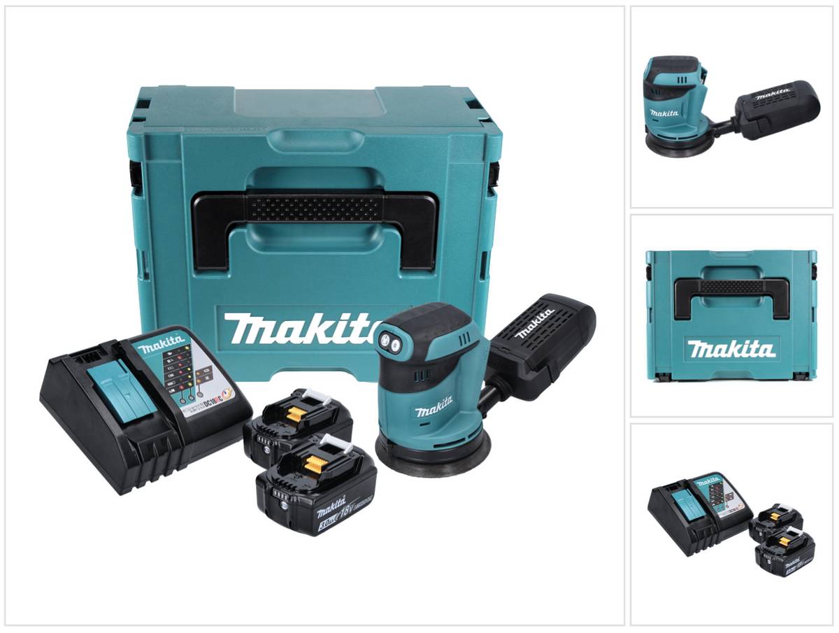 Makita DBO 180 RFJ Akku Exzenterschleifer 18 V 125 mm + 2x Akku 3,0 Ah + Ladegerät + Makpac