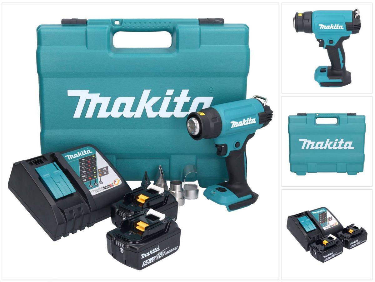 Makita DHG 181 RTK Akku Heißluftgebläse 18 V 150 - 550°C + 2x Akku 5,0 Ah + Ladegerät + Koffer