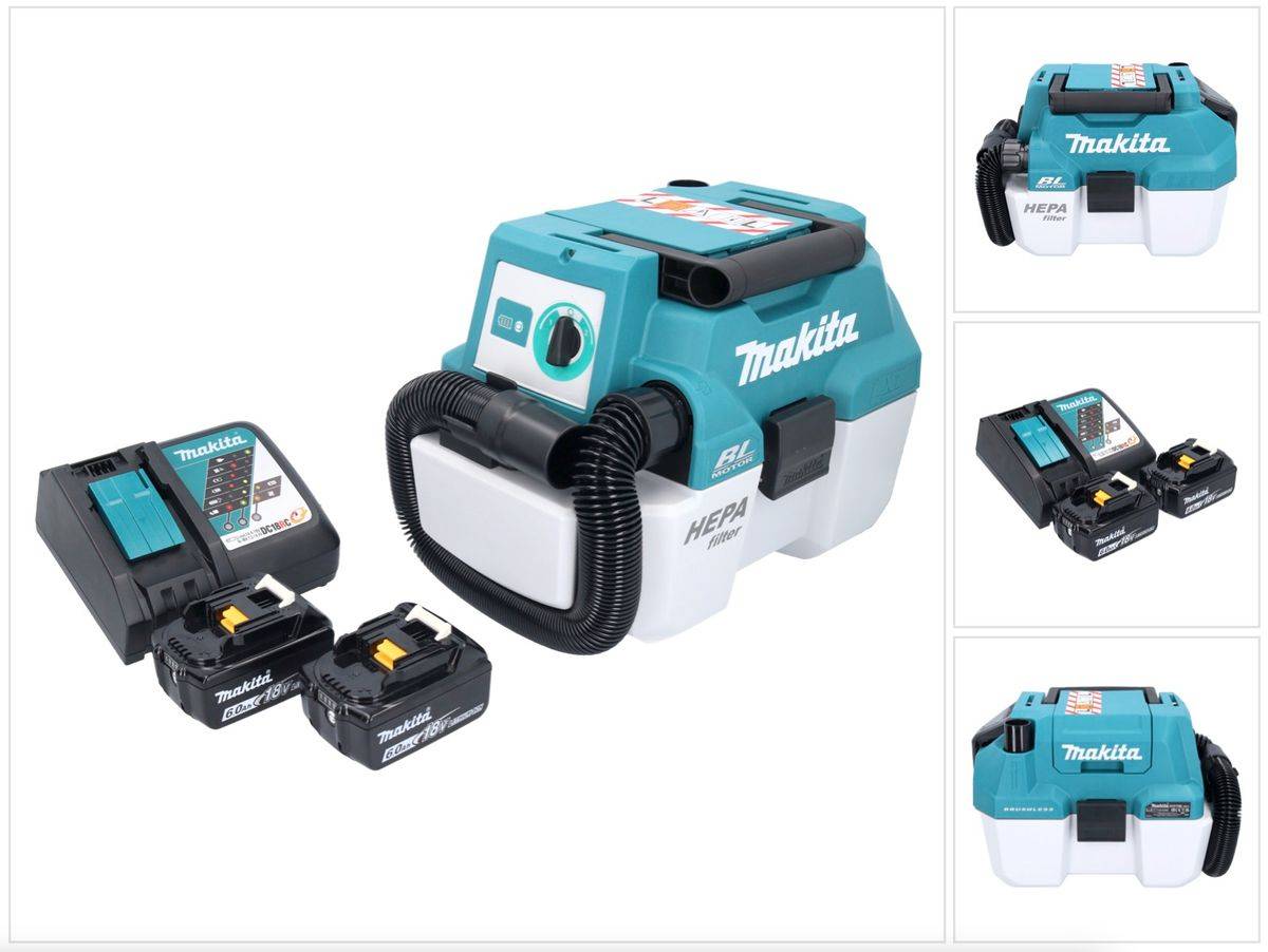 Makita DVC 750 LRG Akku Staubsauger LXT 18 V 67 mbar 7,5 l Brushless + 2x Akku 6,0 Ah + Ladegerät