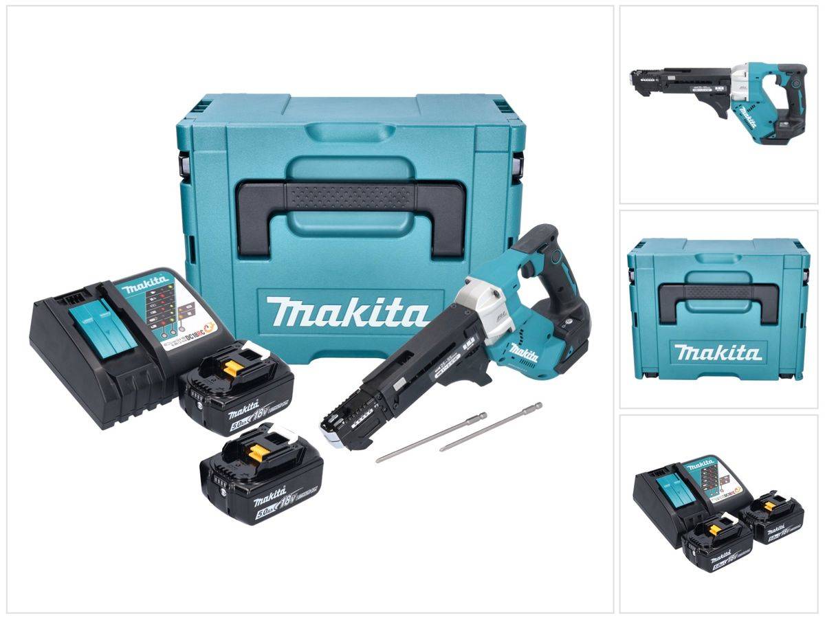 Makita DFR 551 RTJ Akku Magazinschrauber 18 V 25 - 55 mm Brushless + 2x Akku 5,0 Ah + Ladegerät + Makpac