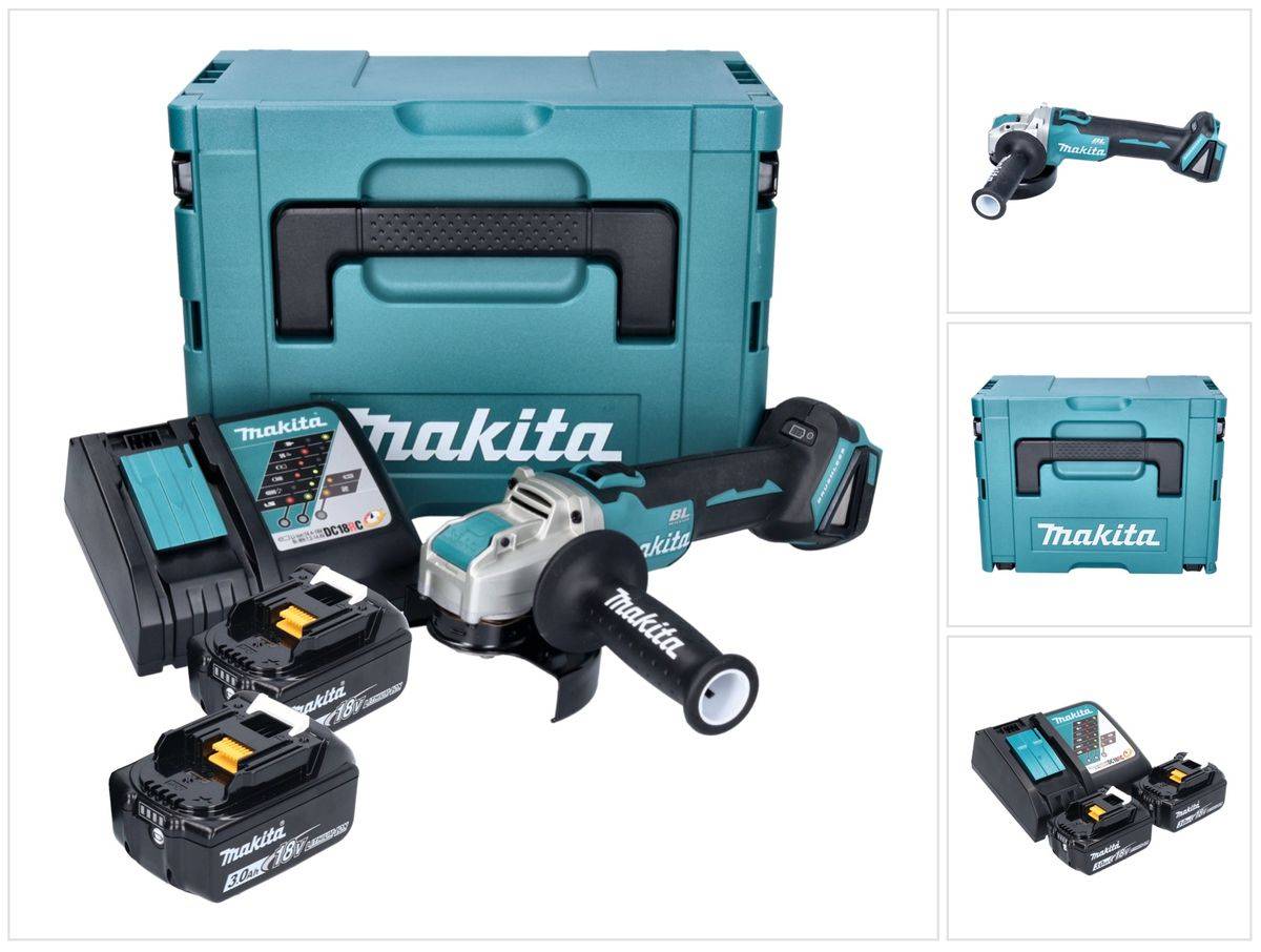 Makita DGA 521 RFX1J Akku Winkelschleifer 18 V 125 mm X-LOCK Brushless + 2x Akku 3,0 Ah + Ladegerät + Makpac