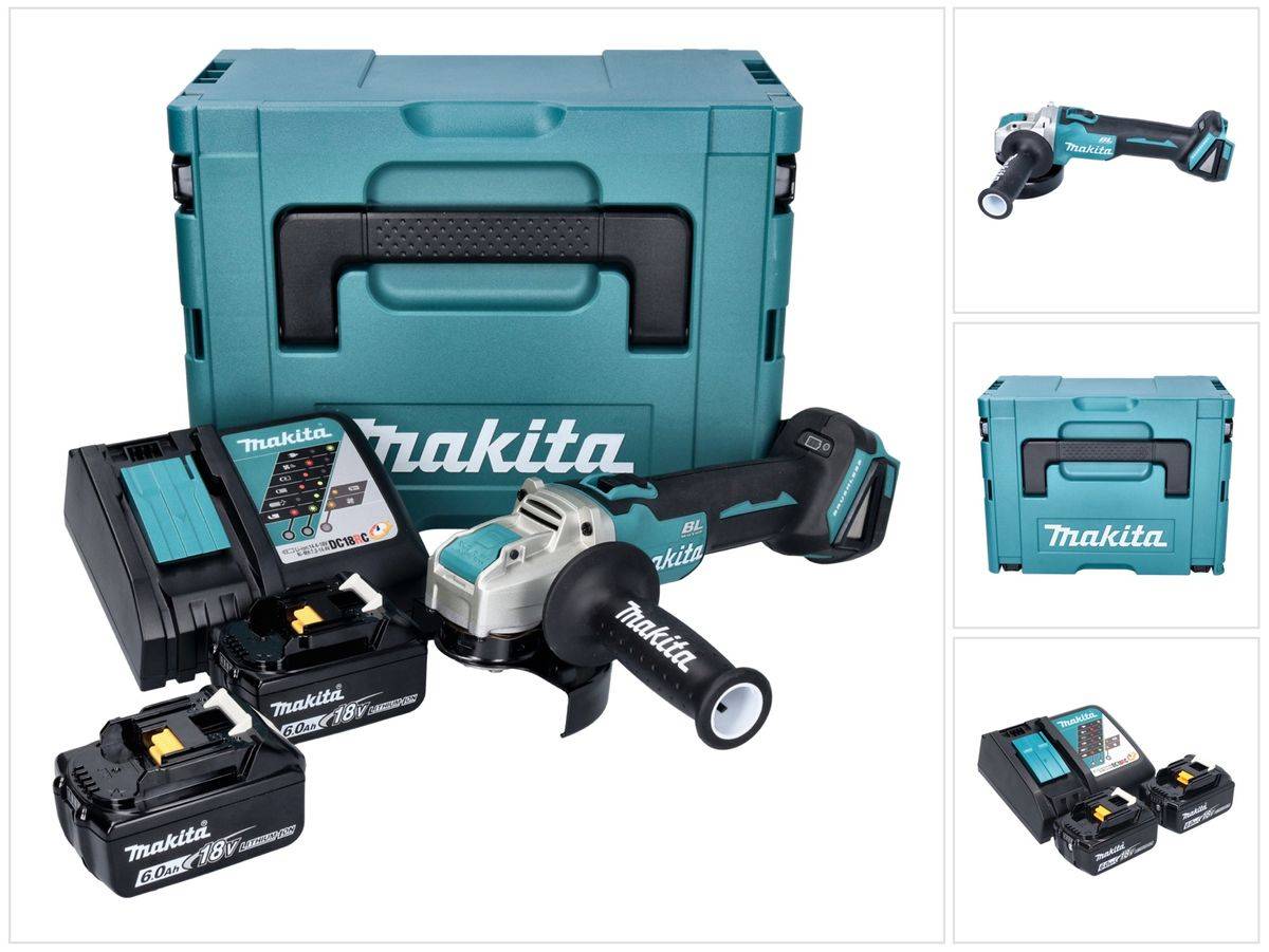 Makita DGA 521 RGX1J Akku Winkelschleifer 18 V 125 mm X-LOCK Brushless + 2x Akku 6,0 Ah + Ladegerät + Makpac