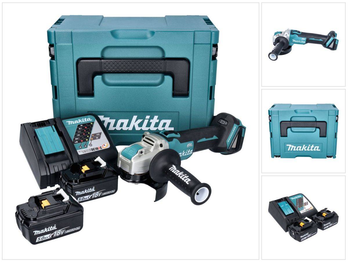Makita DGA 521 RTX1J Akku Winkelschleifer 18 V 125 mm X-LOCK Brushless + 2x Akku 5,0 Ah + Ladegerät + Makpac