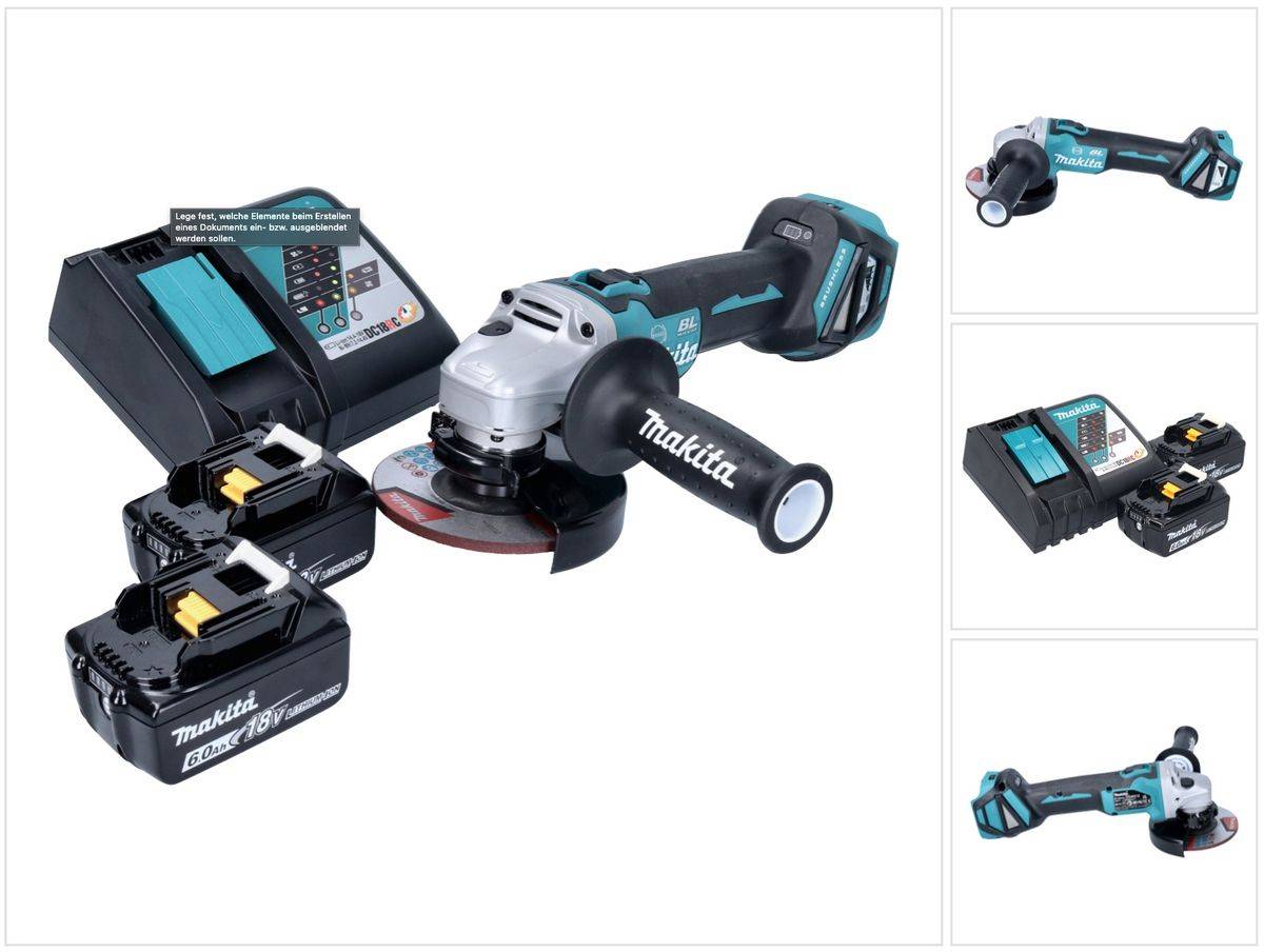 Makita DGA 513 RG Akku Winkelschleifer 18 V 125 mm Brushless + 2x Akku 6,0 Ah + Ladegerät
