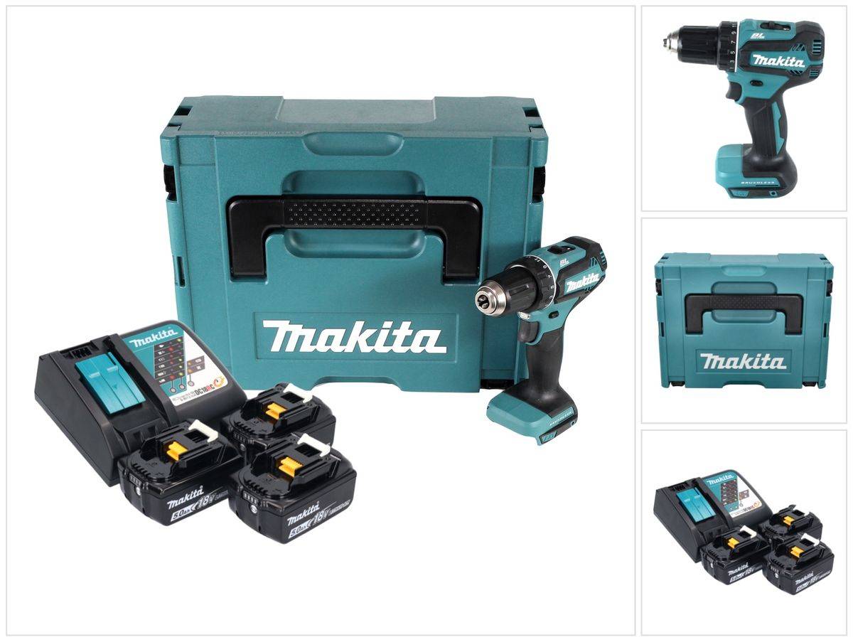 Makita DDF 485 RTJ3 Akku Bohrschrauber 18 V 50 Nm Brushless + 3x Akku 5,0 Ah + Ladegerät + Makpac
