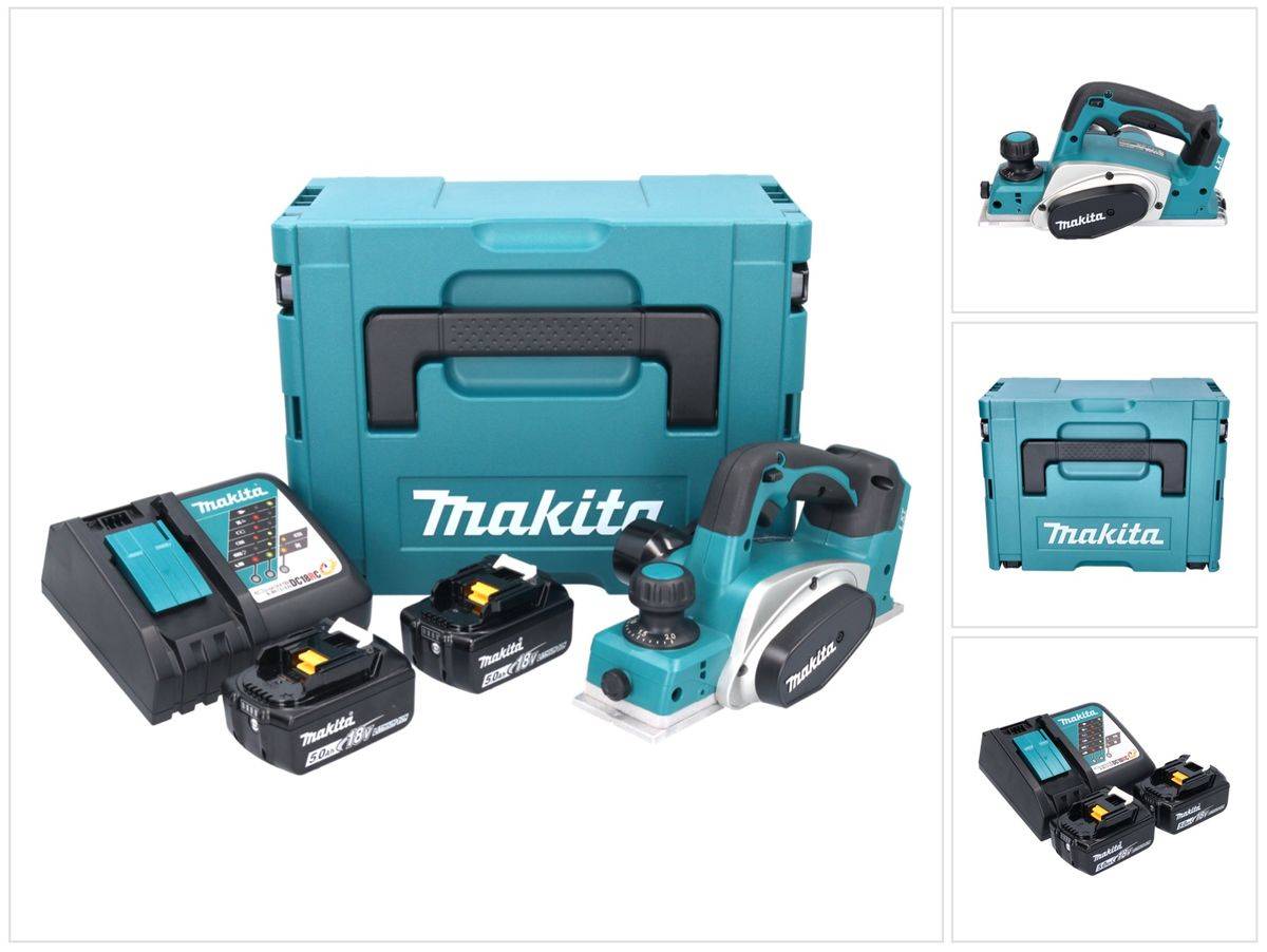 Makita DKP 180 RTJ Akku Hobel 18 V 82 mm + 2x Akku 5,0 Ah + Ladegerät + Makpac