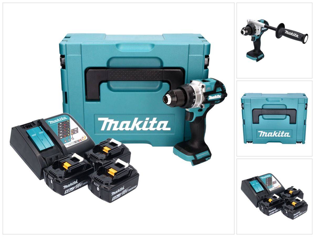 Maktia DDF 486 RT3J Akku Bohrschrauber 18 V 130 Nm Brushless + 3x Akku 5,0 Ah + Ladegerät + Makpac