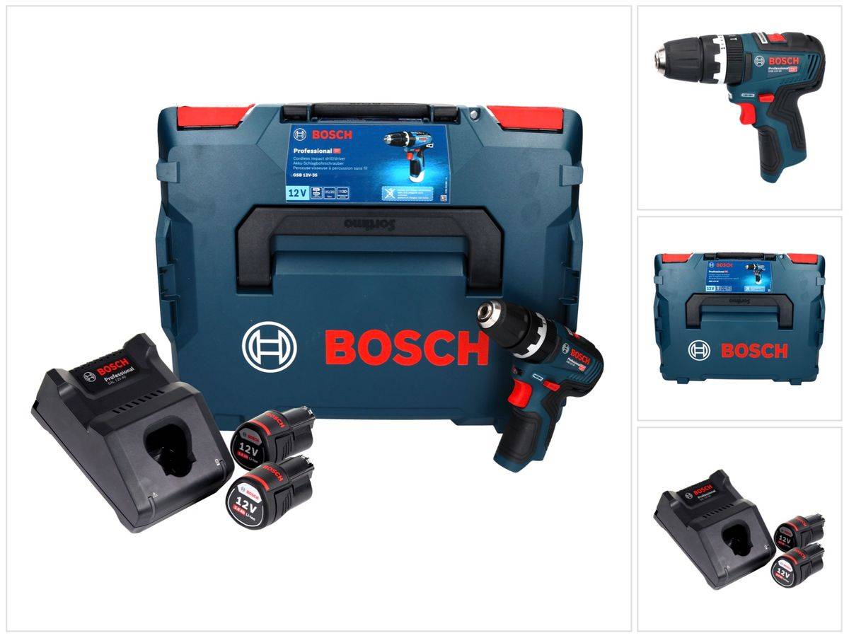 Bosch GSB 12V-35 Professional Akku Schlagbohrschrauber 12 V 35 Nm Brushless + 2x Akku 3,0 Ah + Ladegerät + L-Boxx