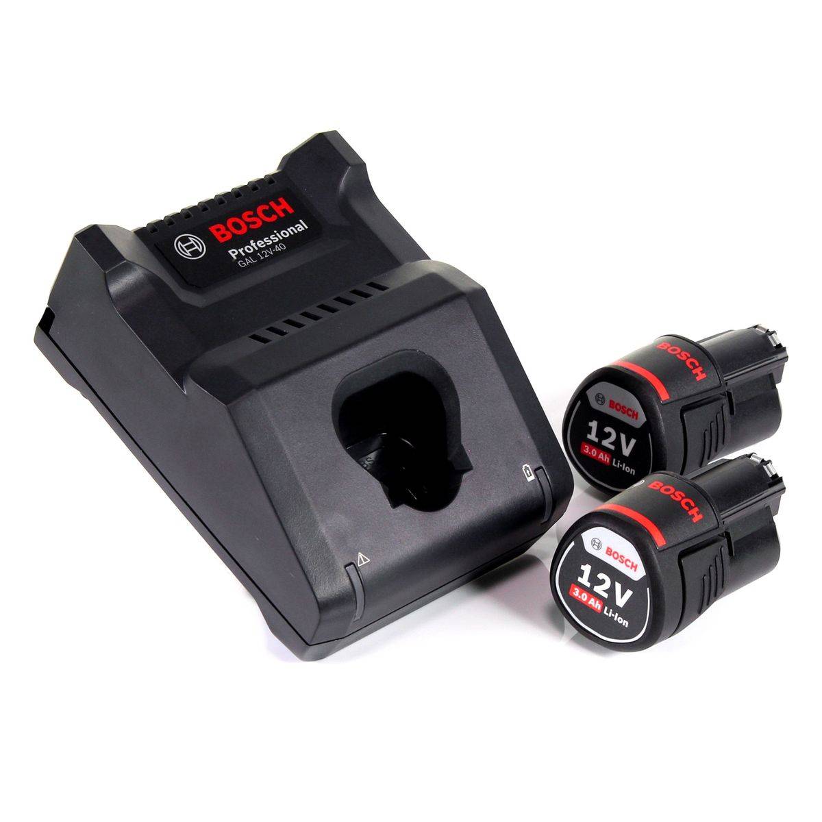 Bosch GAL 12V-40 Professional Schnell Ladegerät für 12V Akkus ( 1600A019R3 ) + 2x 3,0 Ah Akku ( 1600A00X79 )