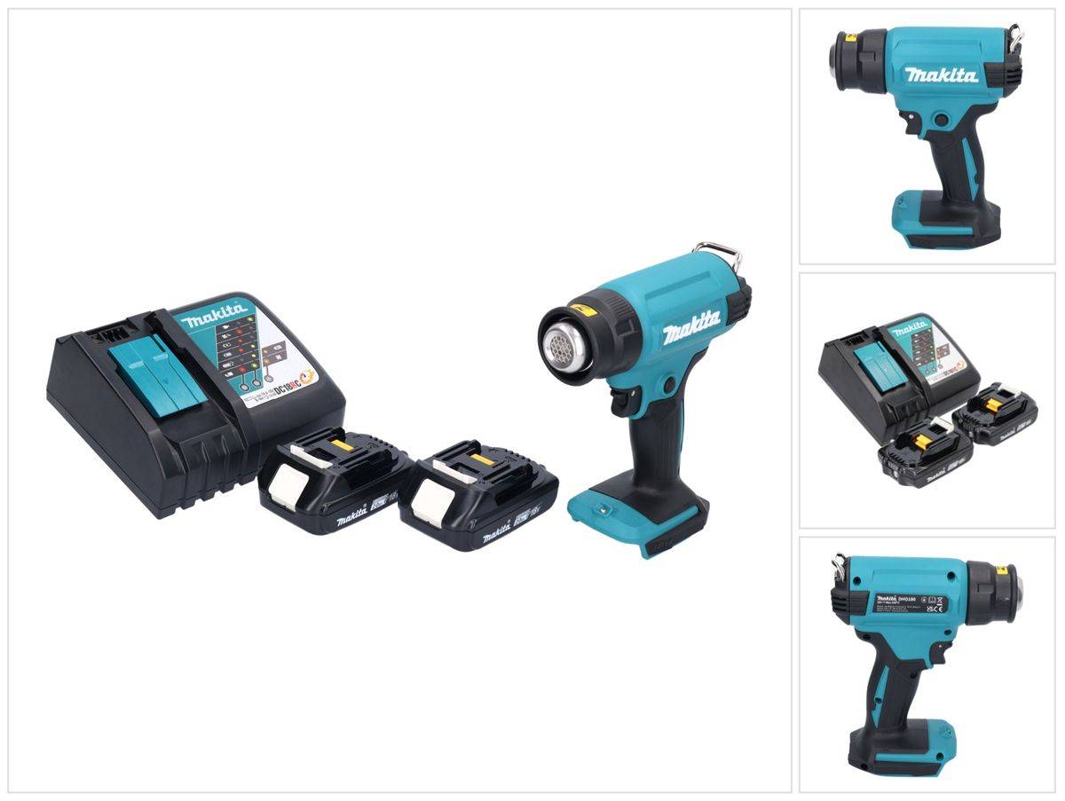 Makita DHG 180 RA Akku Heißluftgebläse 18 V 550 °C + 2x Akku 2,0 Ah + Ladegerät
