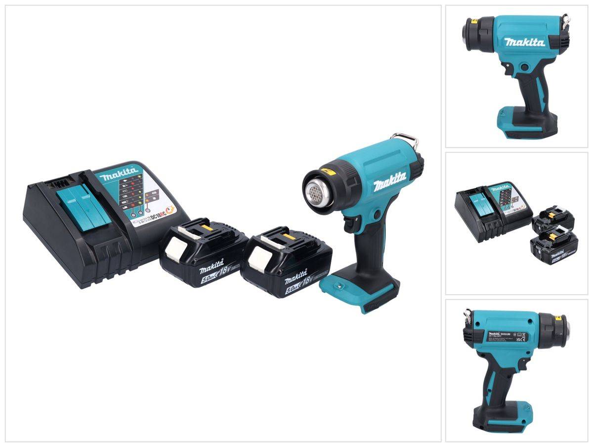 Makita DHG 180 RT Akku Heißluftgebläse 18 V 550 °C + 2x Akku 5,0 Ah + Ladegerät