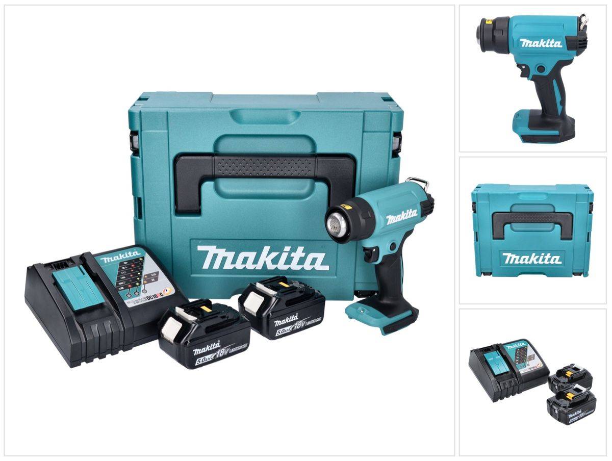 Makita DHG 180 RTJ Akku Heißluftgebläse 18 V 550 °C + 2x Akku 5,0 Ah + Ladegerät + Makpac