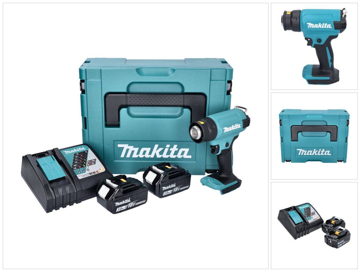 Makita DHG 180 RFJ Akku Heißluftgebläse 18 V 550 °C + 2x Akku 3,0 Ah + Ladegerät + Makpac
