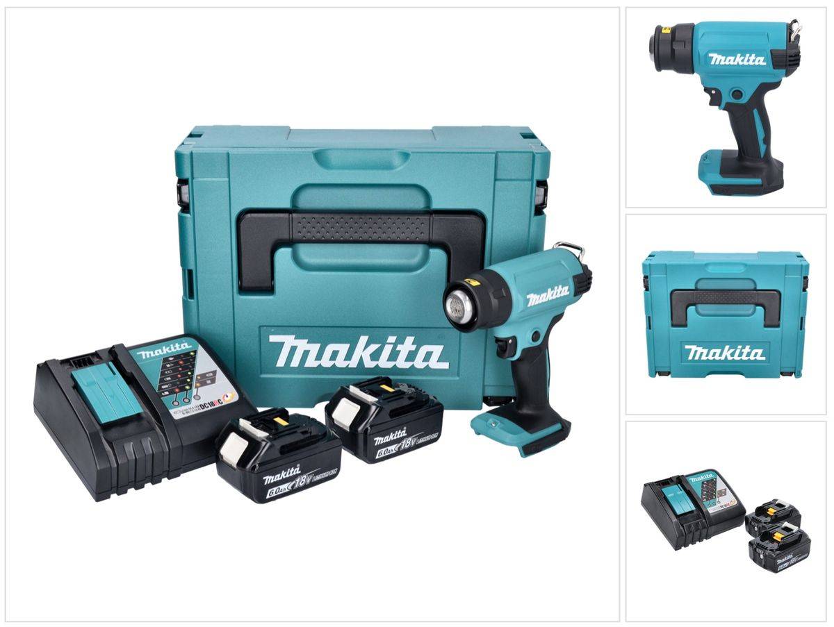 Makita DHG 180 RGJ Akku Heißluftgebläse 18 V 550 °C + 2x Akku 6,0 Ah + Ladegerät + Makpac