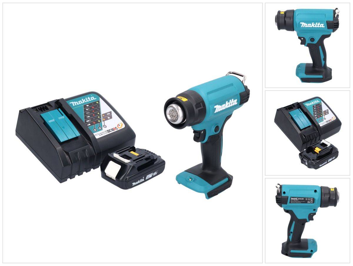 Makita DHG 180 RA1 Akku Heißluftgebläse 18 V 550 °C + 1x Akku 2,0 Ah + Ladegerät