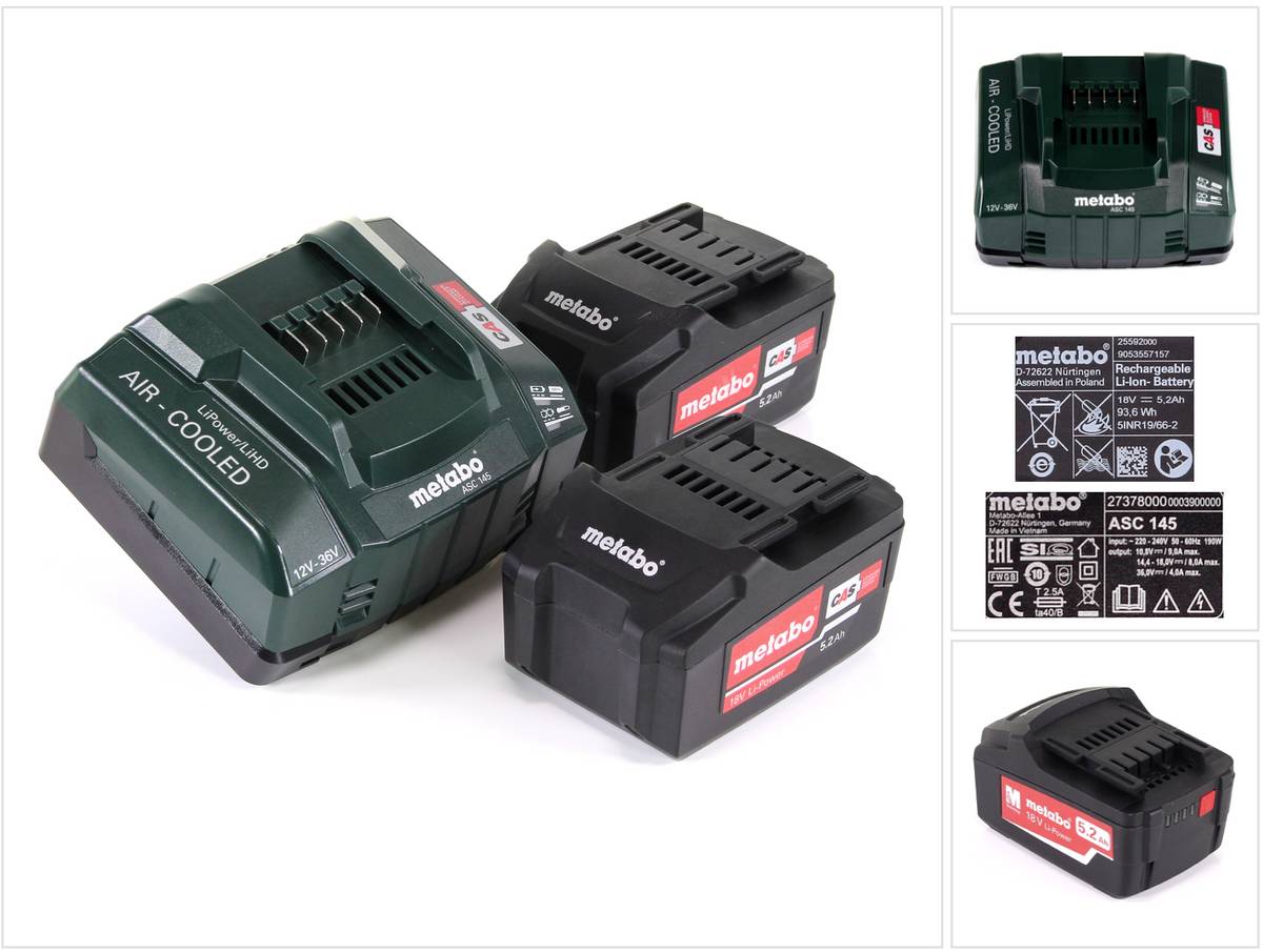 Metabo Akku Basis Set 18V mit 2x Akku 5,2Ah + Ladegerät ASC 145 ( 685051380 )