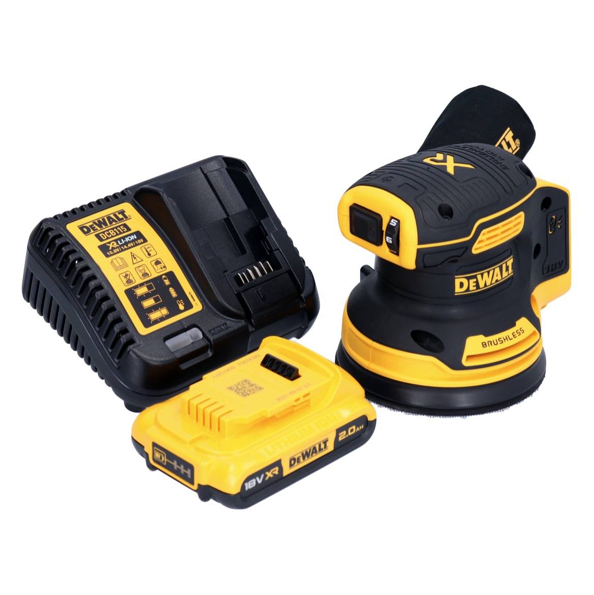 DeWalt DCW 210 D1 Akku Exzenterschleifer 18 V 125 mm Brushless + 1x Akku 2,0 Ah + Ladegerät