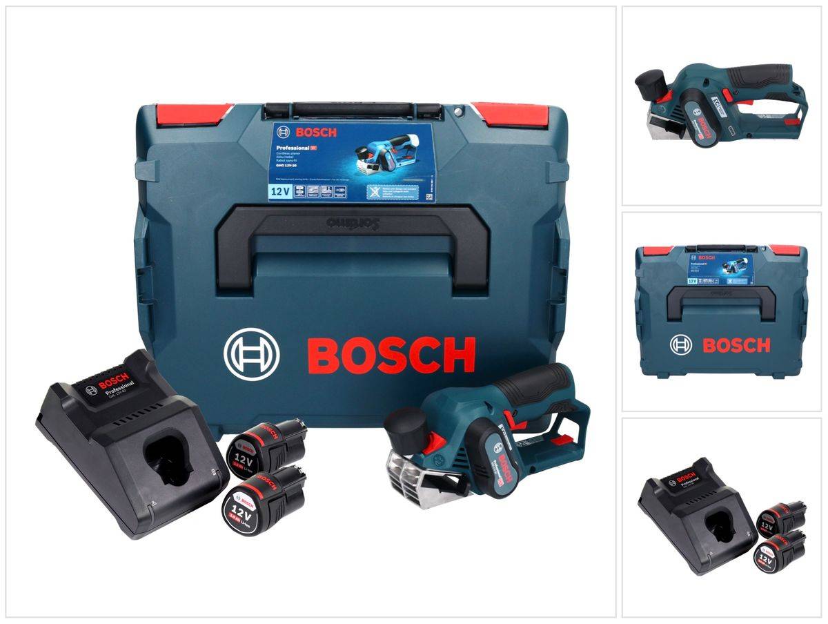 Bosch GHO 12V-20 Professional Akku Hobel 12 V Brushless ( 06015A7001 ) + 2x Akku 3,0 Ah + Ladegerät + L-Boxx