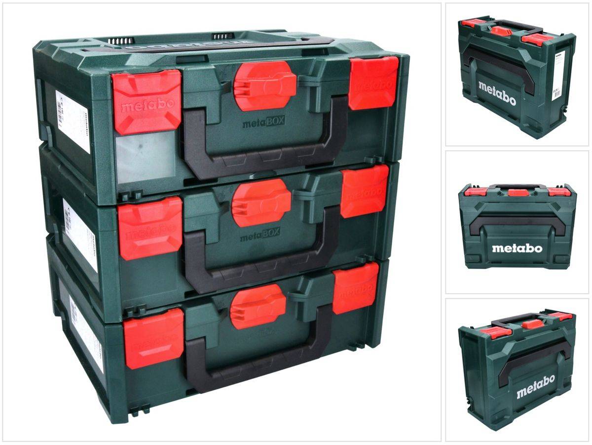 Metabo metaBOX 145 Set 3x System Werkzeug Koffer Stapelbar 396 x 296 x 145 mm + 3x Universaleinlage