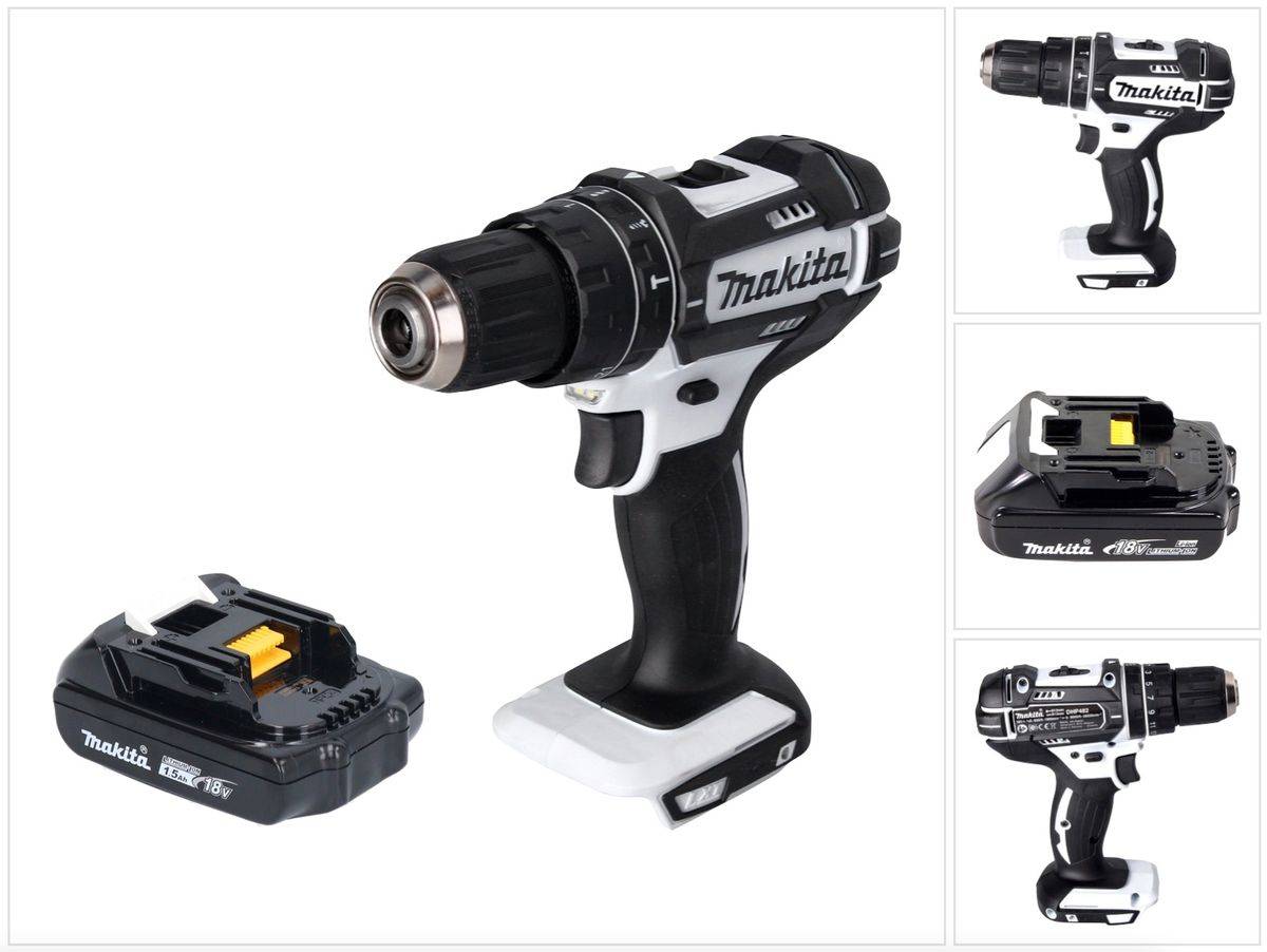 Makita DHP 482 Y1W Akku Schlagbohrschrauber 18 V 62 Nm Weiß + 1x Akku 1,5 Ah - ohne Ladegerät