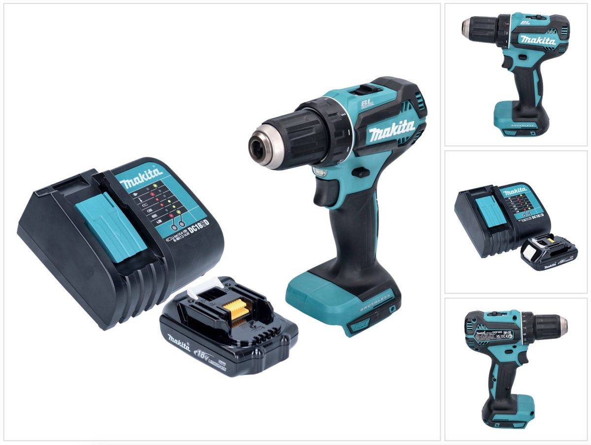 Makita DDF 485 SY1 Akku Bohrschrauber 18 V 50 Nm Brushless + 1x Akku 1,5 Ah + Ladegerät