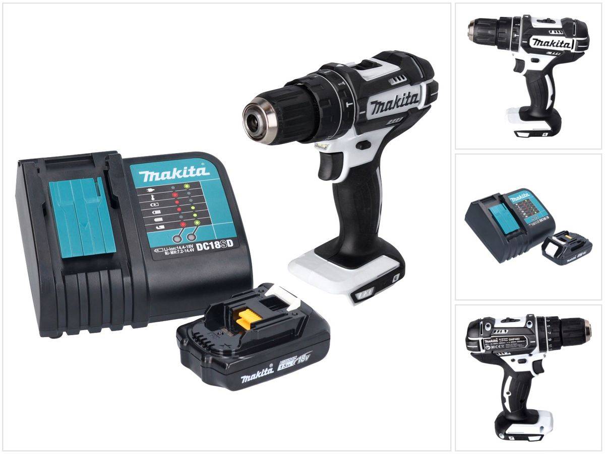 Makita DHP 482 SY1W Akku Schlagbohrschrauber 18 V 62 Nm Weiß + 1x Akku 1,5 Ah + Ladegerät