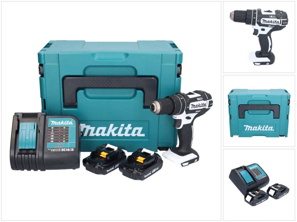 Makita DHP 482 SYJW Akku Schlagbohrschrauber 18 V 62 Nm Weiß + 2x Akku 1,5 Ah + Ladegerät + Makpac