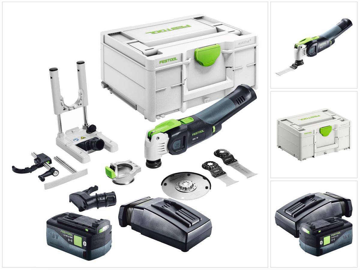 Festool VECTURO OSC 18 E-Basic Set Akku Oszillierer 18 V Starlock Max Brushless + 1x Akku 5,0 Ah + Ladegerät + 7 tlg. Zubehör Set + Systainer
