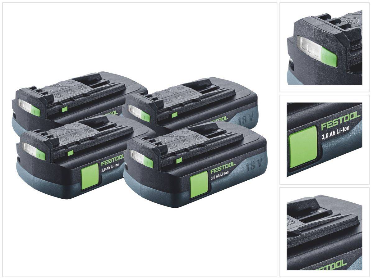 Festool Akku Set 4x BP 18 Li 3,0 C Akku 18 V 3,0 Ah / 3000 mAh Li-Ion ( 4x 577658 ) mit Ladestandanzeige
