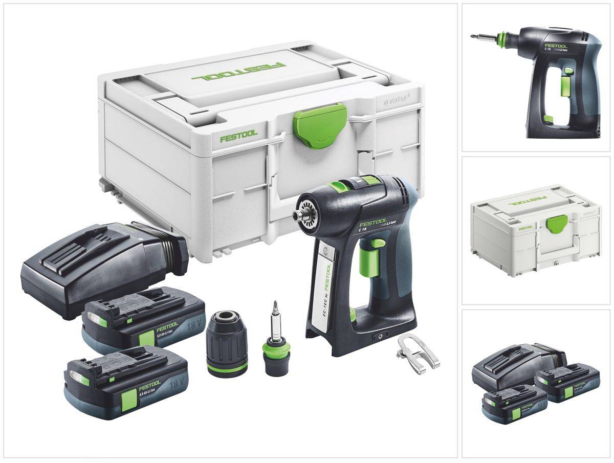Festool C 18-Basic Akku Bohrschrauber 18 V 45 Nm Brushless + 2x Akku 3,0 Ah + Ladegerät + Systainer