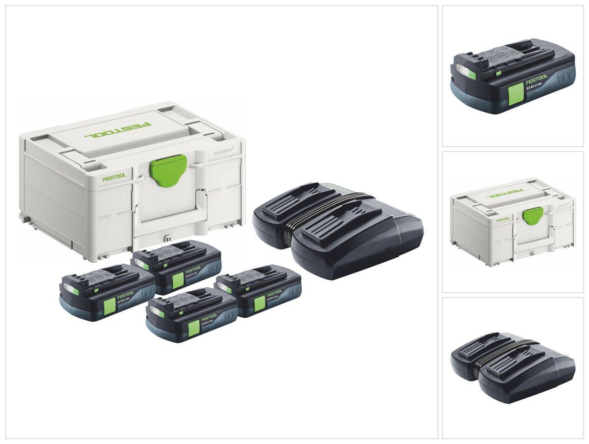 Festool Energie Set 4x BP 18 Li 3,0 C Akku 18 V 3,0 Ah / 3000 mAh Li-Ion ( 4x 577658 ) + TCL 6 DUO Doppel Ladegerät ( 577017 ) + Systainer