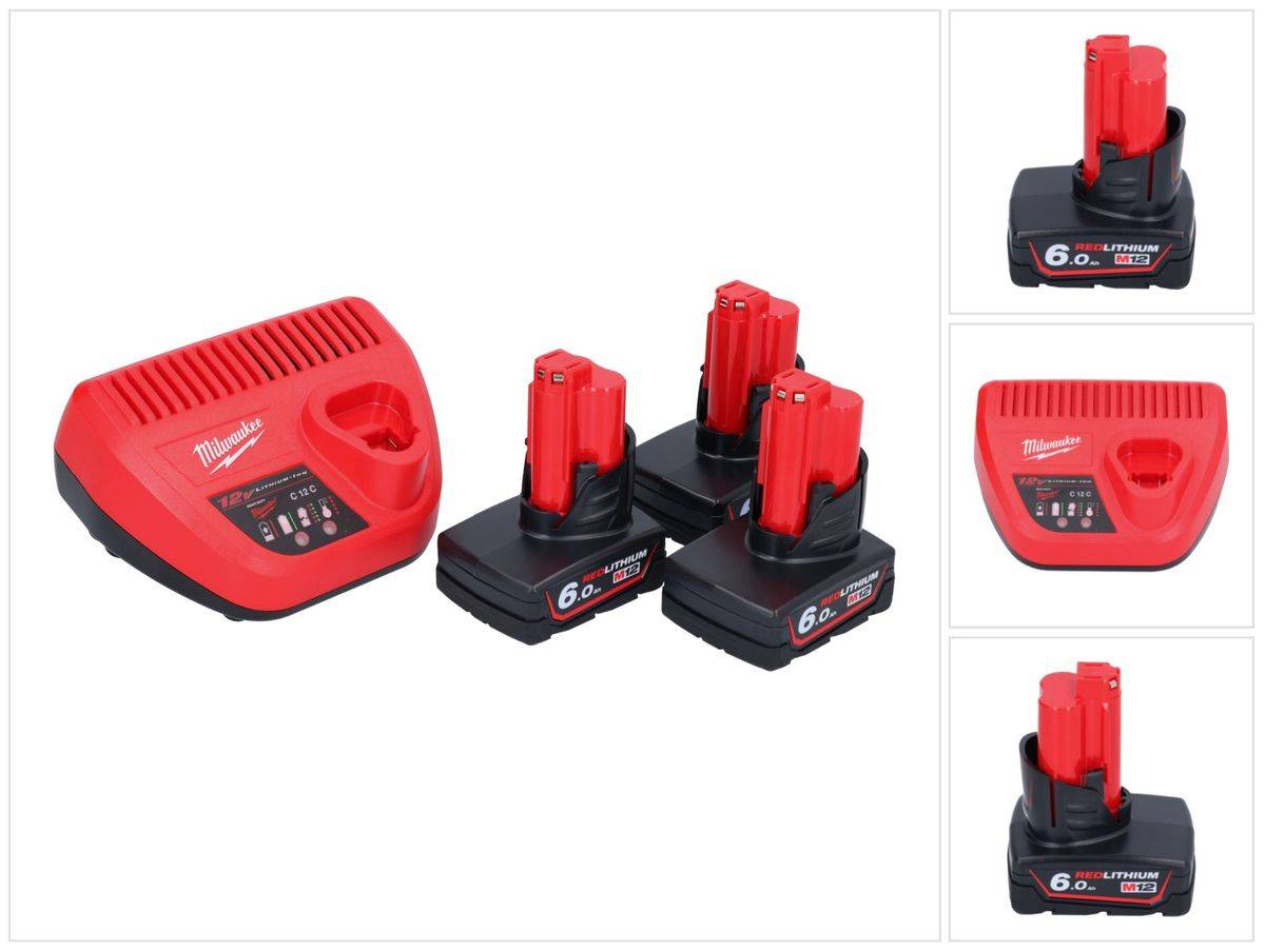 Milwaukee M12 NRG-603 Starter Set 3x 12 V 6,0 Ah Li-Ion Akku + C12 C Ladegerät