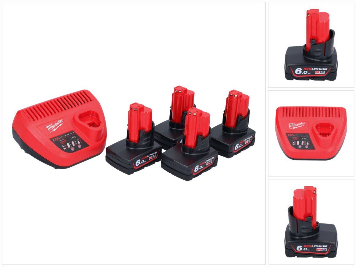 Milwaukee M12 NRG-604 Starter Set 4x 12 V 6,0 Ah Li-Ion Akku + C12 C Ladegerät