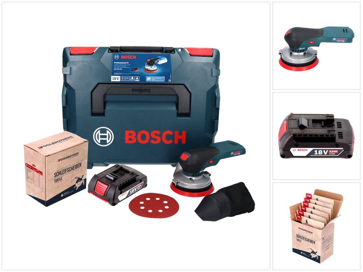 Bosch GEX 18V-125 Professional Akku Exzenterschleifer 18 V 125 mm Brushless + 1x Akku 2,0 Ah + 1x Toolbrothers TURTLE Schleifset + L-BOXX - ohne