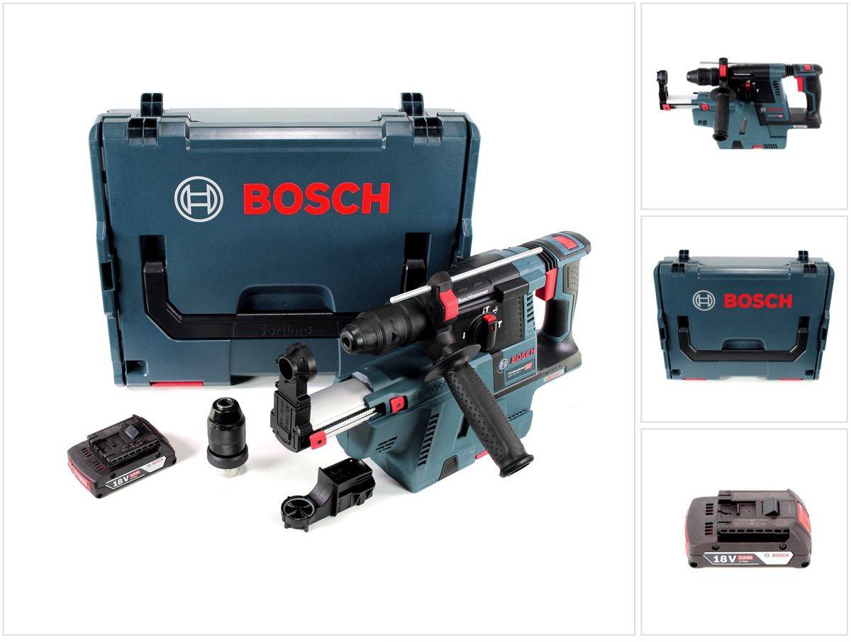 Bosch GBH 18V-26 F Akku Bohrhammer 18V 2,6J SDS-Plus in L-Boxx mit GDE 18V-16 Staubabsaugung und 1x 2Ah Akku