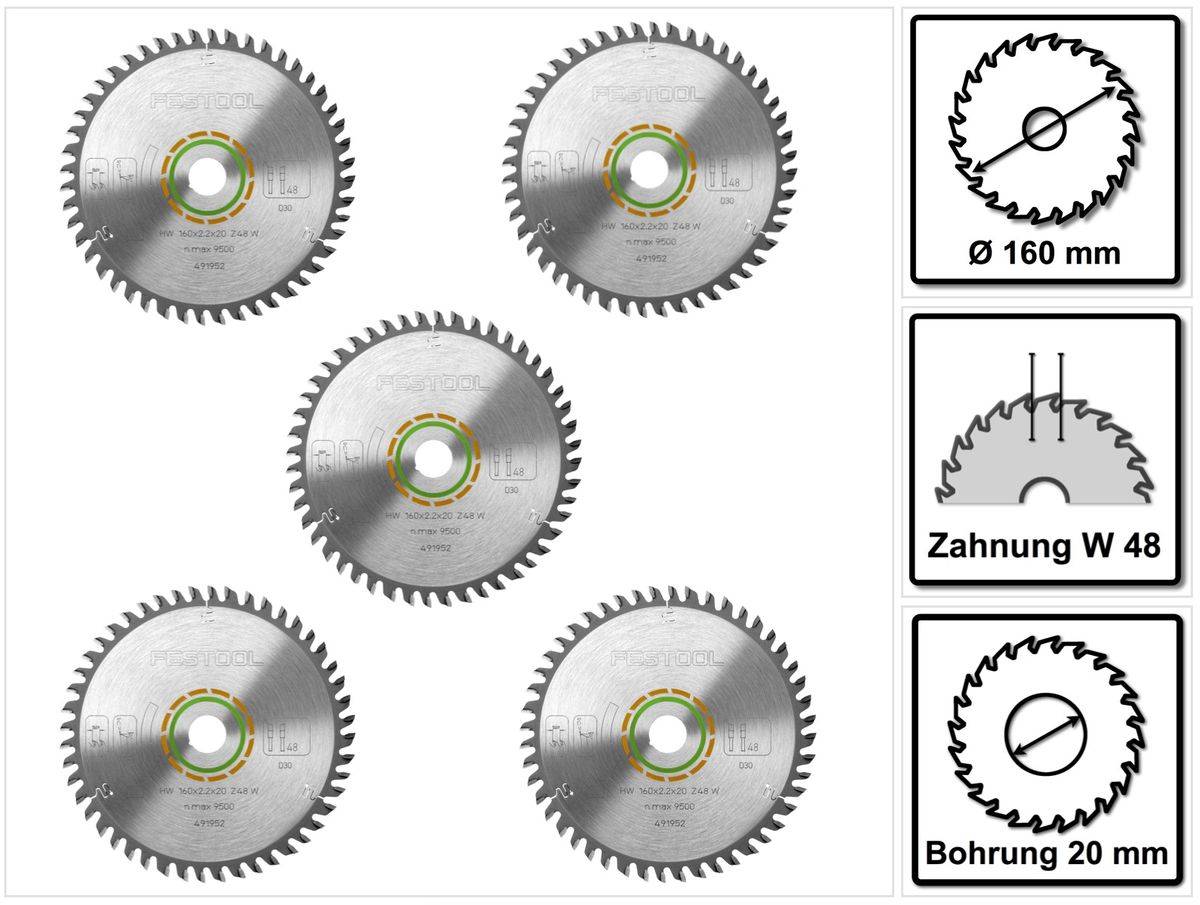 Festool Feinzahn Kreissägeblatt HW 160 x 20 x 2,2 mm W48 160 mm 48 Zähne ( 5 x 491952 )