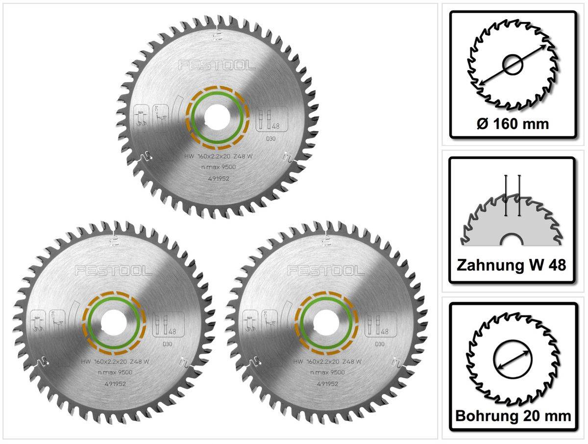 Festool Feinzahn Kreissägeblatt HW 160 x 20 x 2,2 mm W48 160 mm 48 Zähne ( 3 x 491952 )