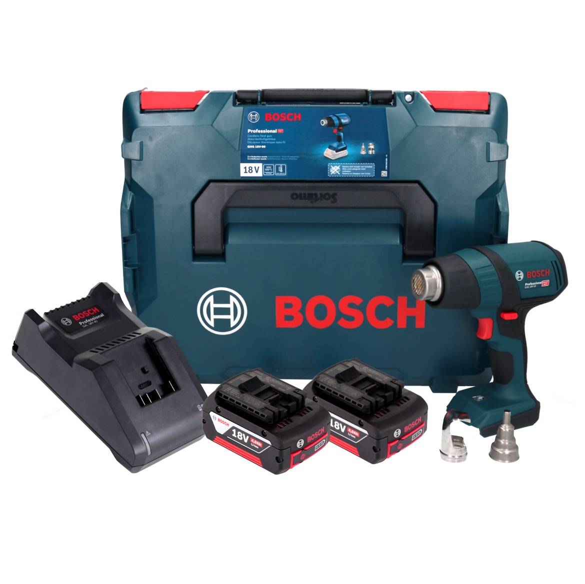 Bosch GHG 18V-50 Professional Akku Heissluftgebläse 18 V 300° C / 500° C + 2x Akku 4,0 Ah + Ladegerät + L-Boxx