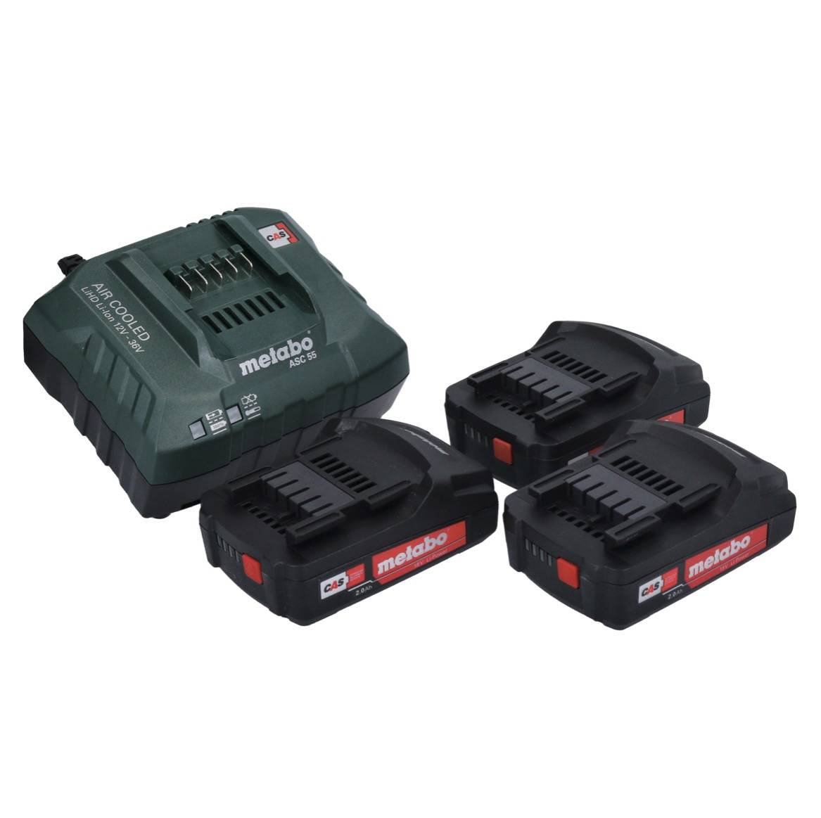 Metabo Basic Set 3x Li-Power Akkupack 18 V 2,0 Ah CAS Li-Ion Akku ( 3x 625596000 ) + ASC 55 Ladegerät AIR COOLED 12 - 36 V ( 627044000 )